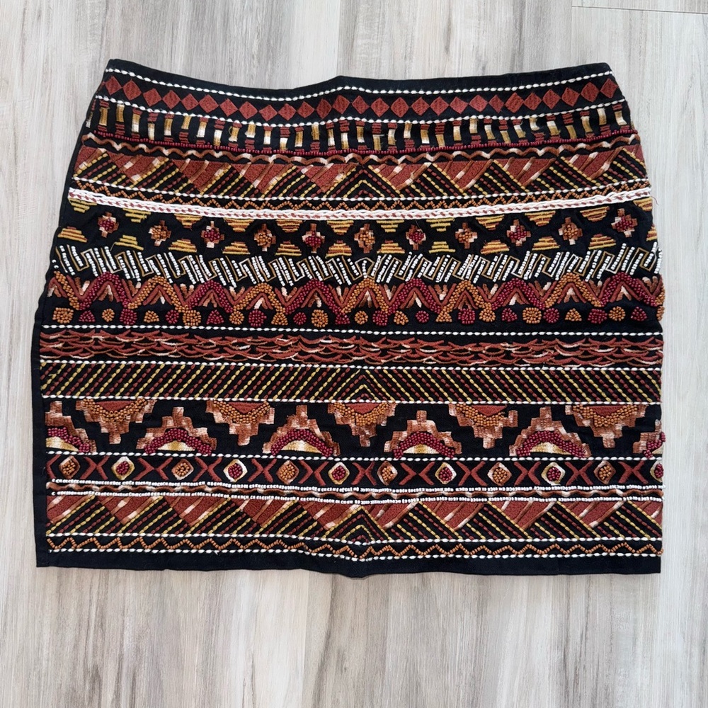H & M Boho Beaded Embroidered Black & Brown Skirt